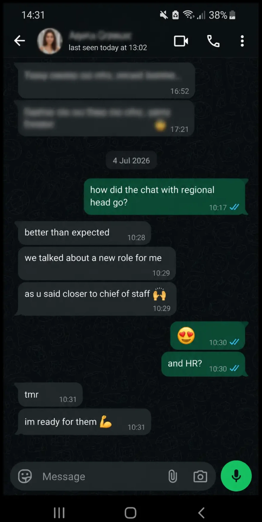 Client message about a successful chat with the regional head about a new role