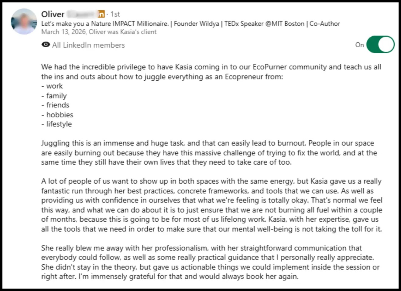 LinkedIn recommendation from Oliver about Kasia's practical teaching and professionalism