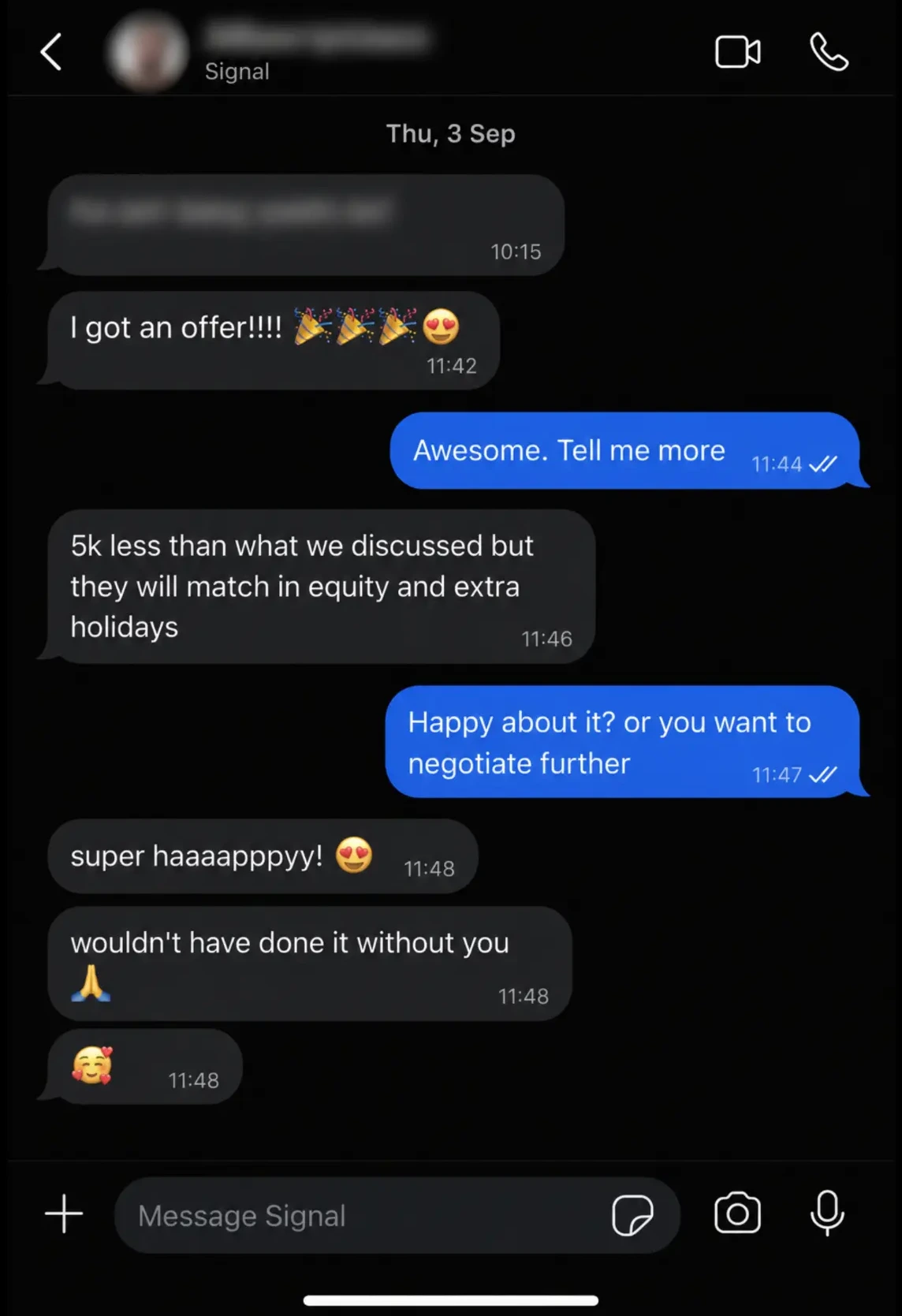 Client message sharing a new job offer and better compensation