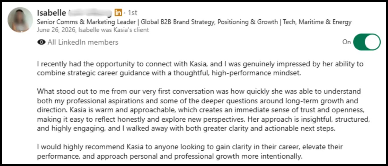 LinkedIn recommendation from Isabelle about clarity and actionable next steps