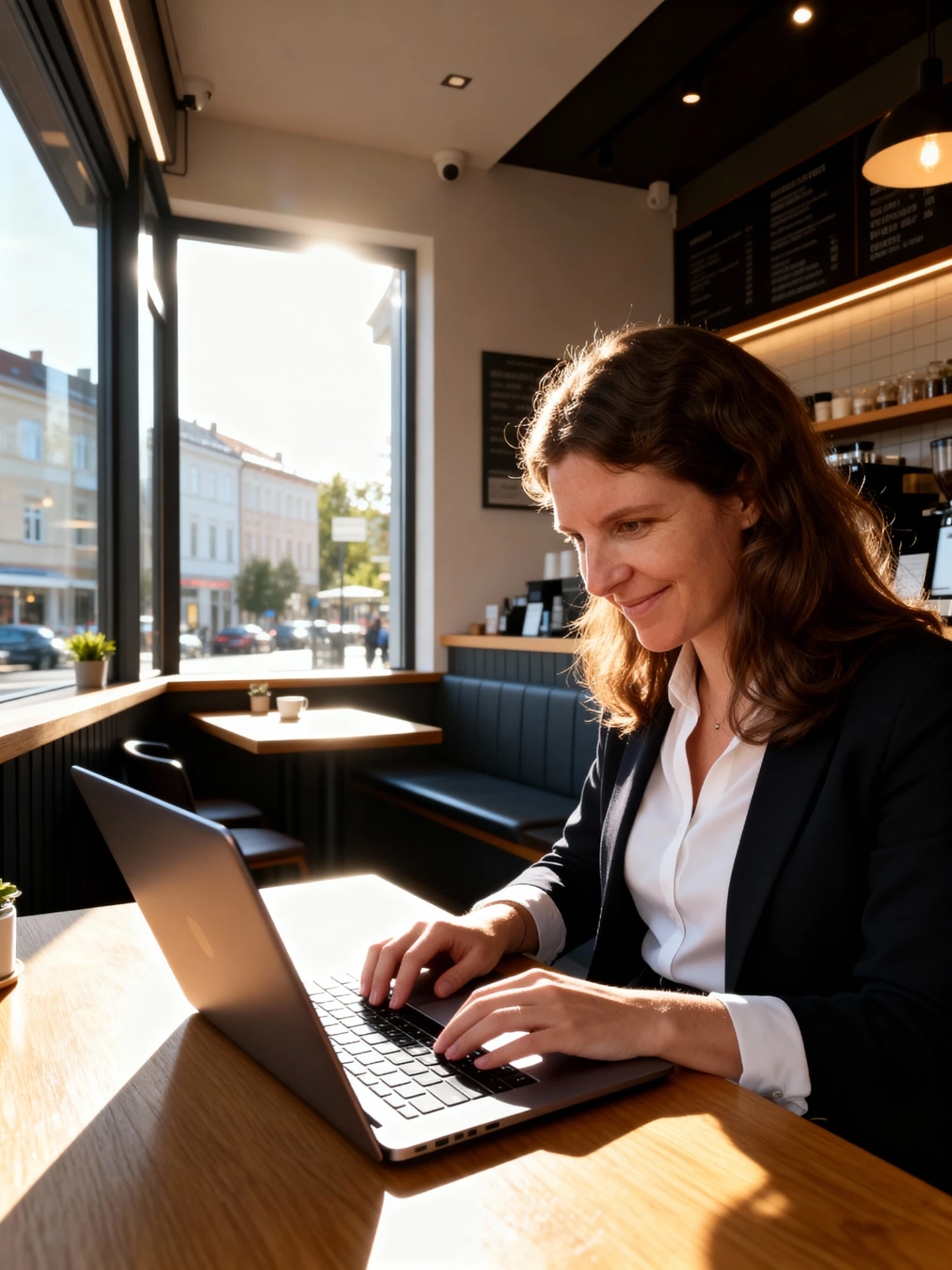 Kasia working on her laptop in a sunny cafe