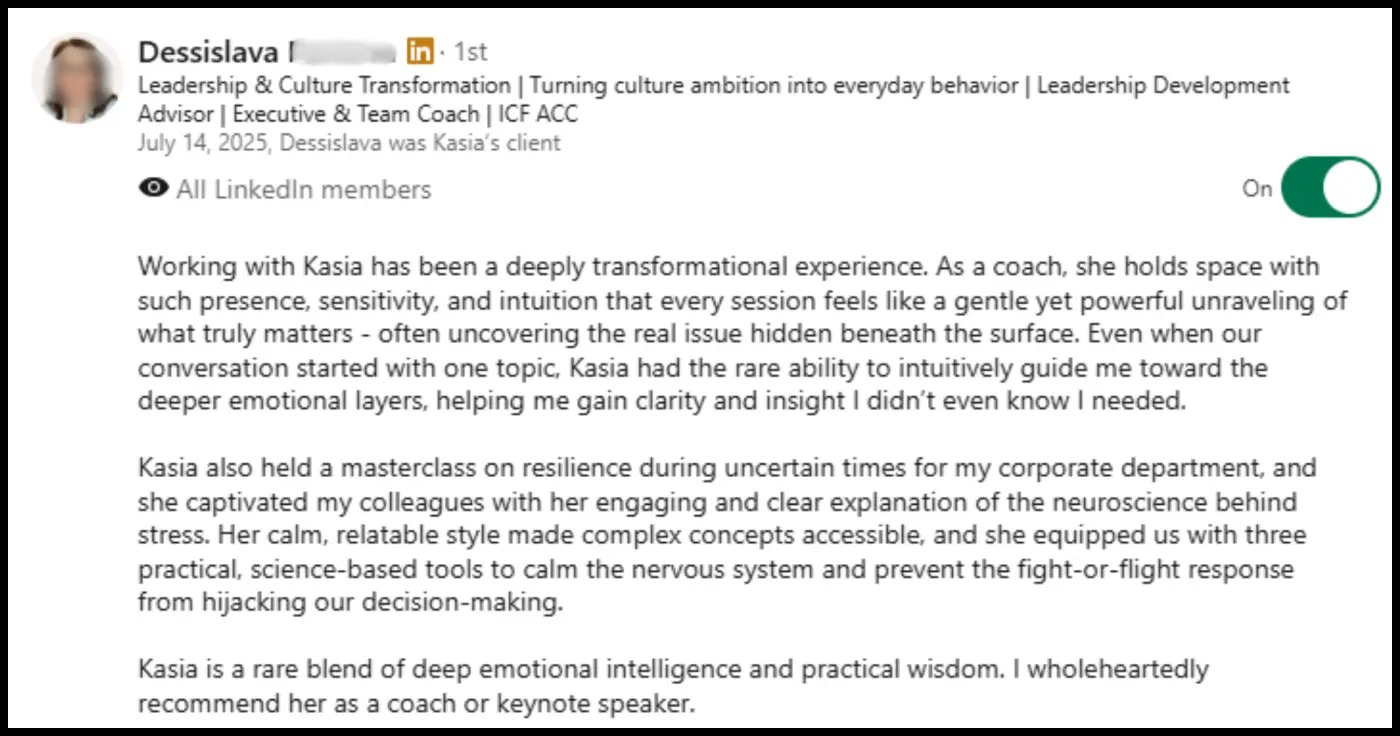 LinkedIn recommendation from Dessislava about Kasia's clear and engaging masterclass