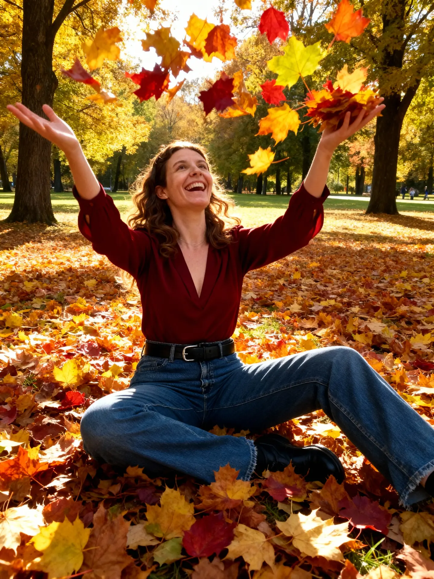 Kasia throwing autumn leaves in a park