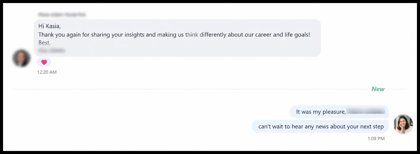 LinkedIn message thanking Kasia for changing how a client thinks about career and life goals