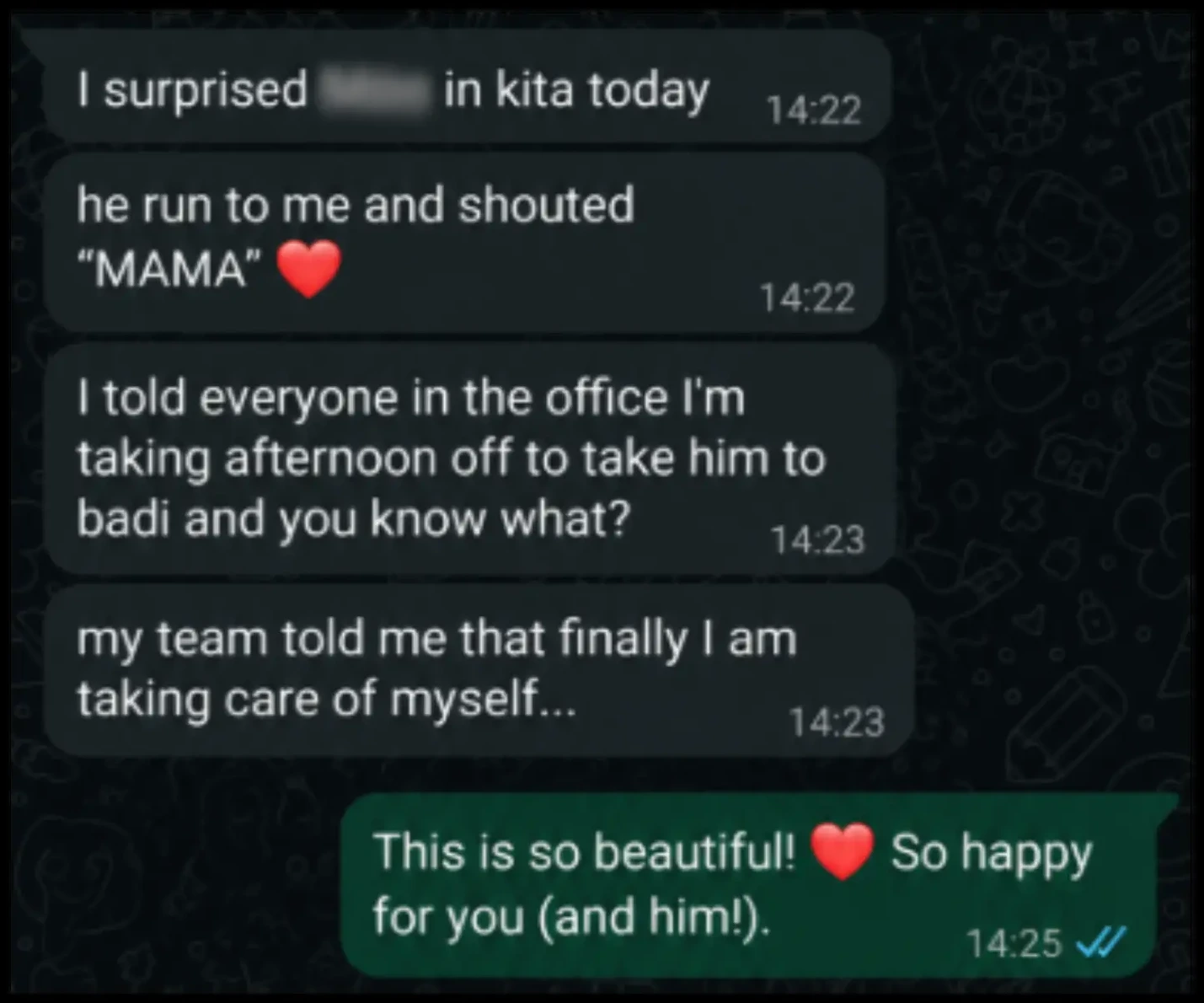 Client message about taking an afternoon off for her son and herself