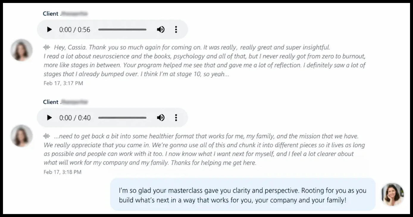 Client messages about clarity and perspective gained in the masterclass