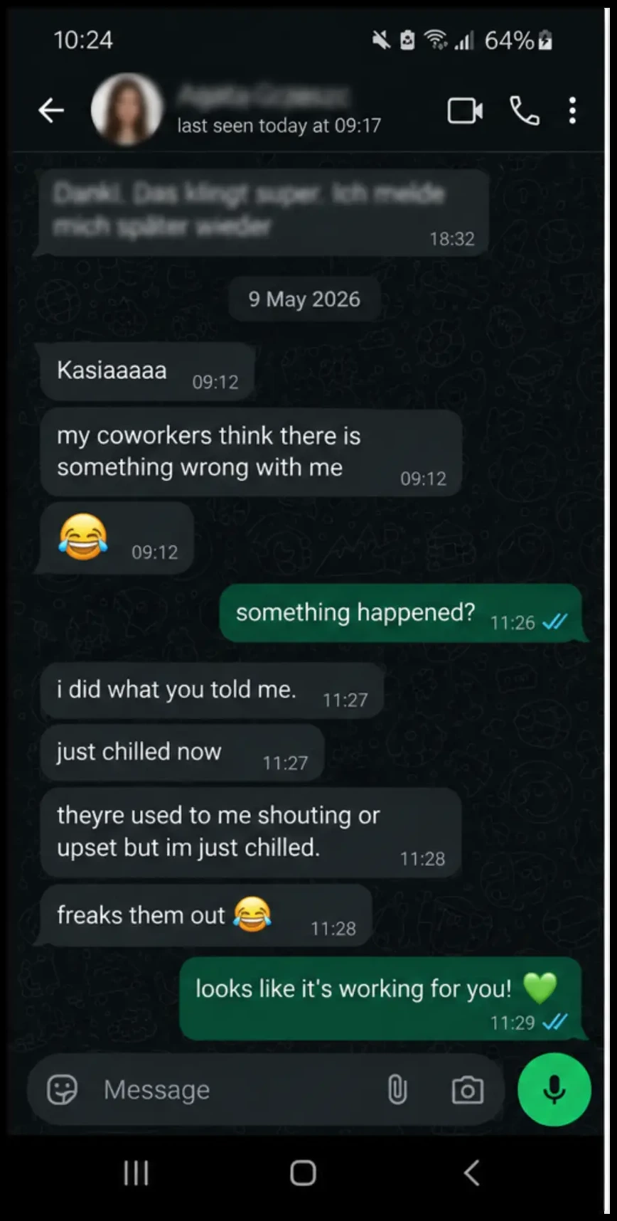 Client message about calmly handling a pushy coworker and getting closer to a promotion