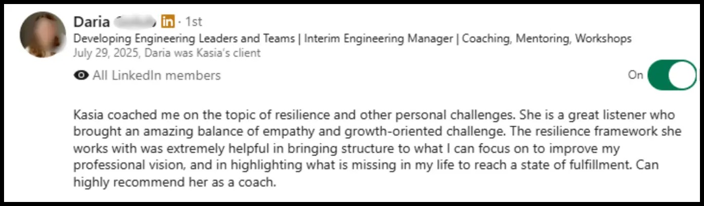 LinkedIn recommendation from Daria about a structured resilience framework